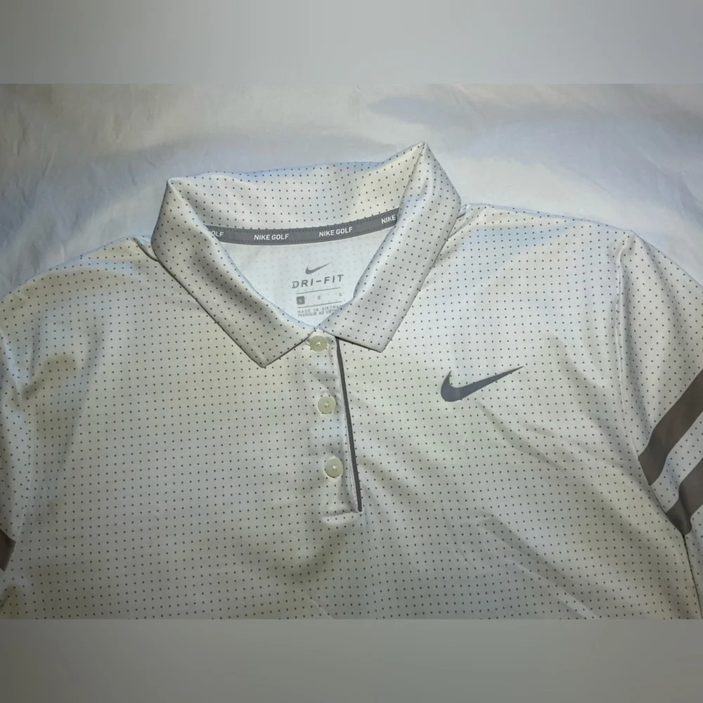 Nike Golf Dri-Fit White Polo Shirt with Gray Polka Dots Womens Size Large